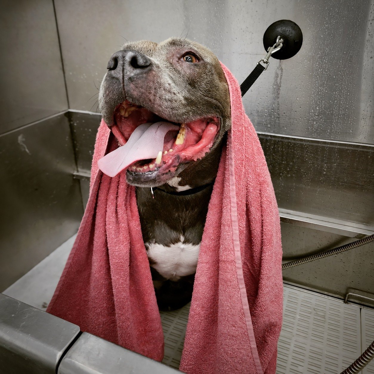 An UpDog client enjoying a bath in the mobile salon